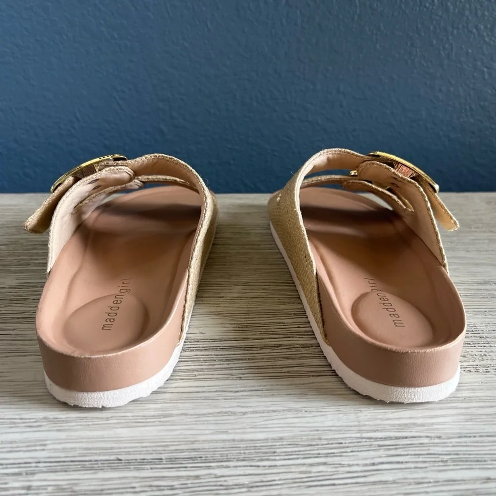 NWOT!!! Madden Girl Tan Slide Sandals with Gold Buckles - Picture 4 of 6